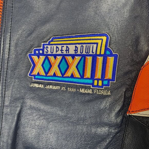 Denver Broncos SUPER BOWL XXXIII Vintage 1999 PRO PLAYER Blue Med Leather Jacket - Picture 15 of 16